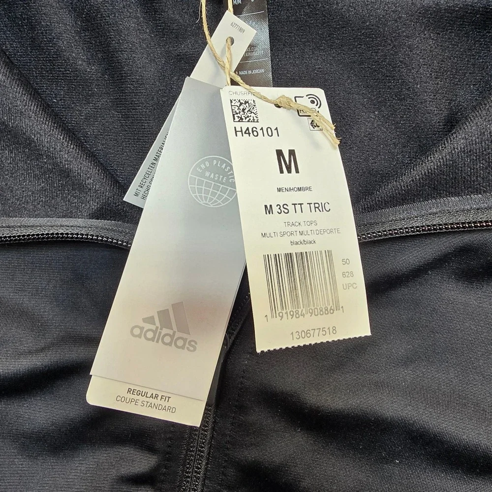 Adidas Track Jacket Mens Medium Black‎ Essentials 3-Stripes Tricot H46101 Zip Up